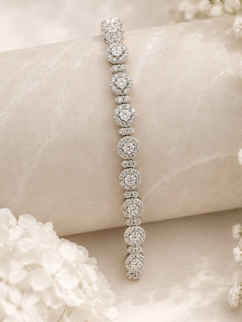 18K Gold Diamond Halo Tennis Bracelet